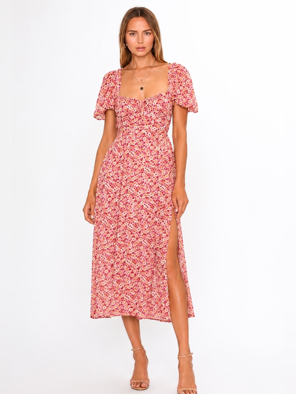 For Love & Lemons Felicia Floral Midi Dress Pink Puff Sleeve Lace-Up Back Slit S